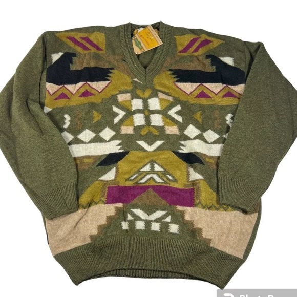 Vtg 80s Mens Lambs Wool Sweater Marco Polo’s King Cross Green Geometric Pattern - Picture 1 of 8